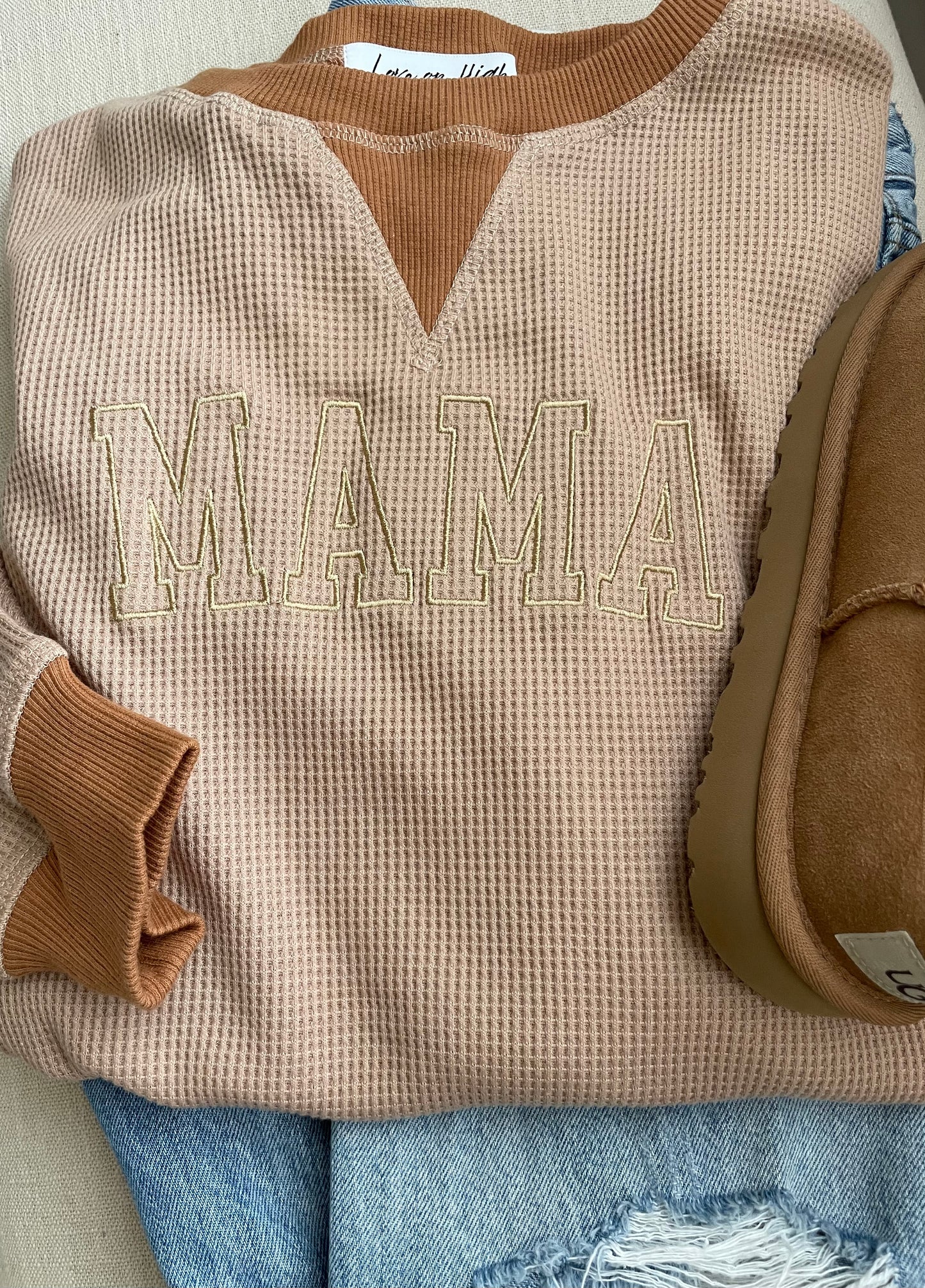 Embroidered Mama Waffle Knit Crewneck