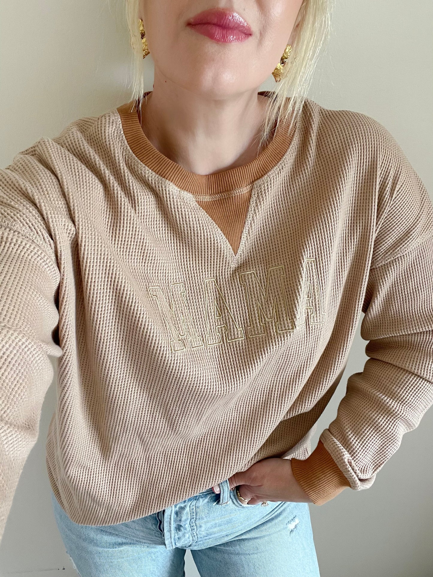 Embroidered Mama Waffle Knit Crewneck