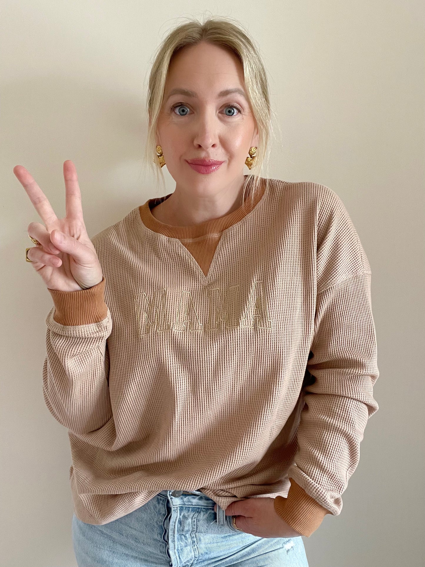 Embroidered Mama Waffle Knit Crewneck