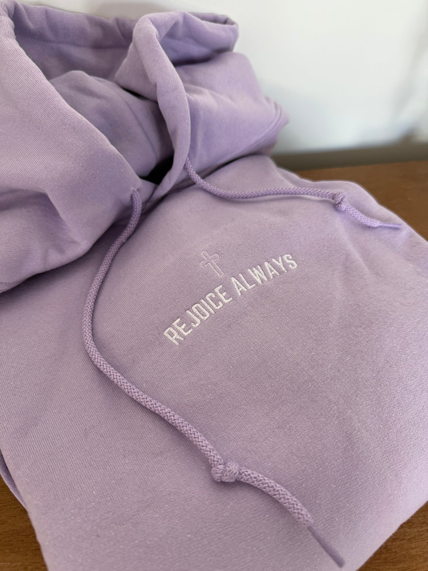 Rejoice Always Embroidered Cross Hoodie