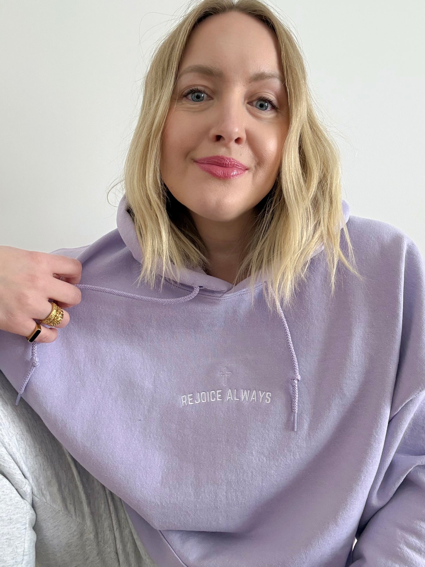 Rejoice Always Embroidered Cross Hoodie