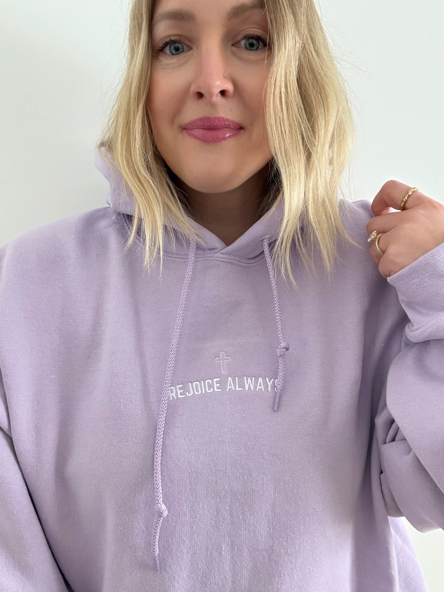 Rejoice Always Embroidered Cross Hoodie
