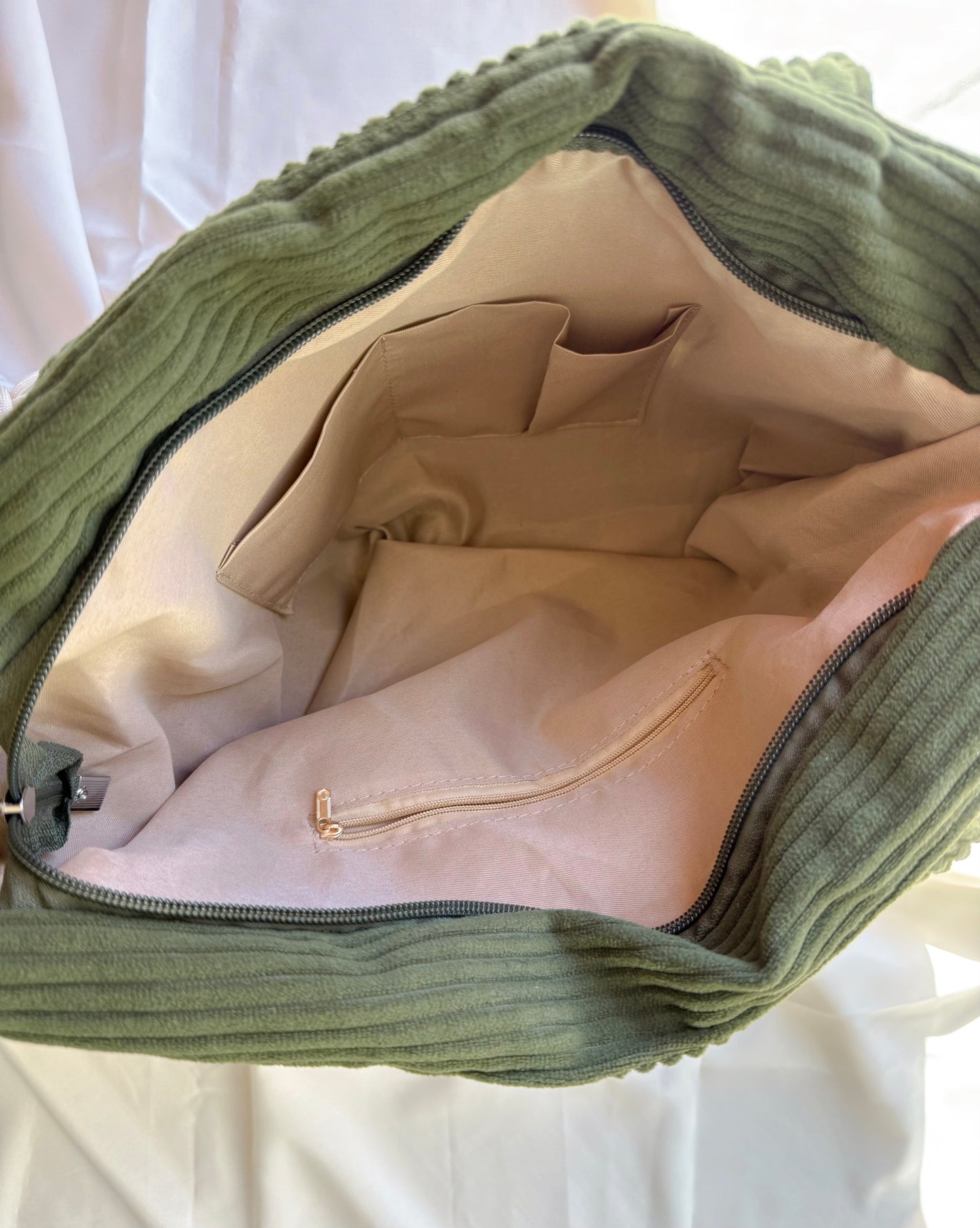 Embroidered Corduroy Shoulder Bags with Multiple Zippers