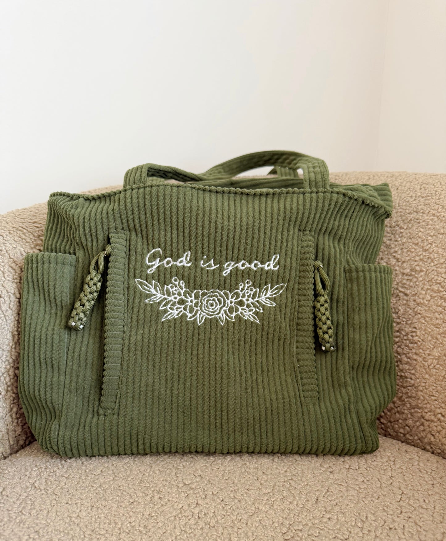 Embroidered Corduroy Shoulder Bags with Multiple Zippers
