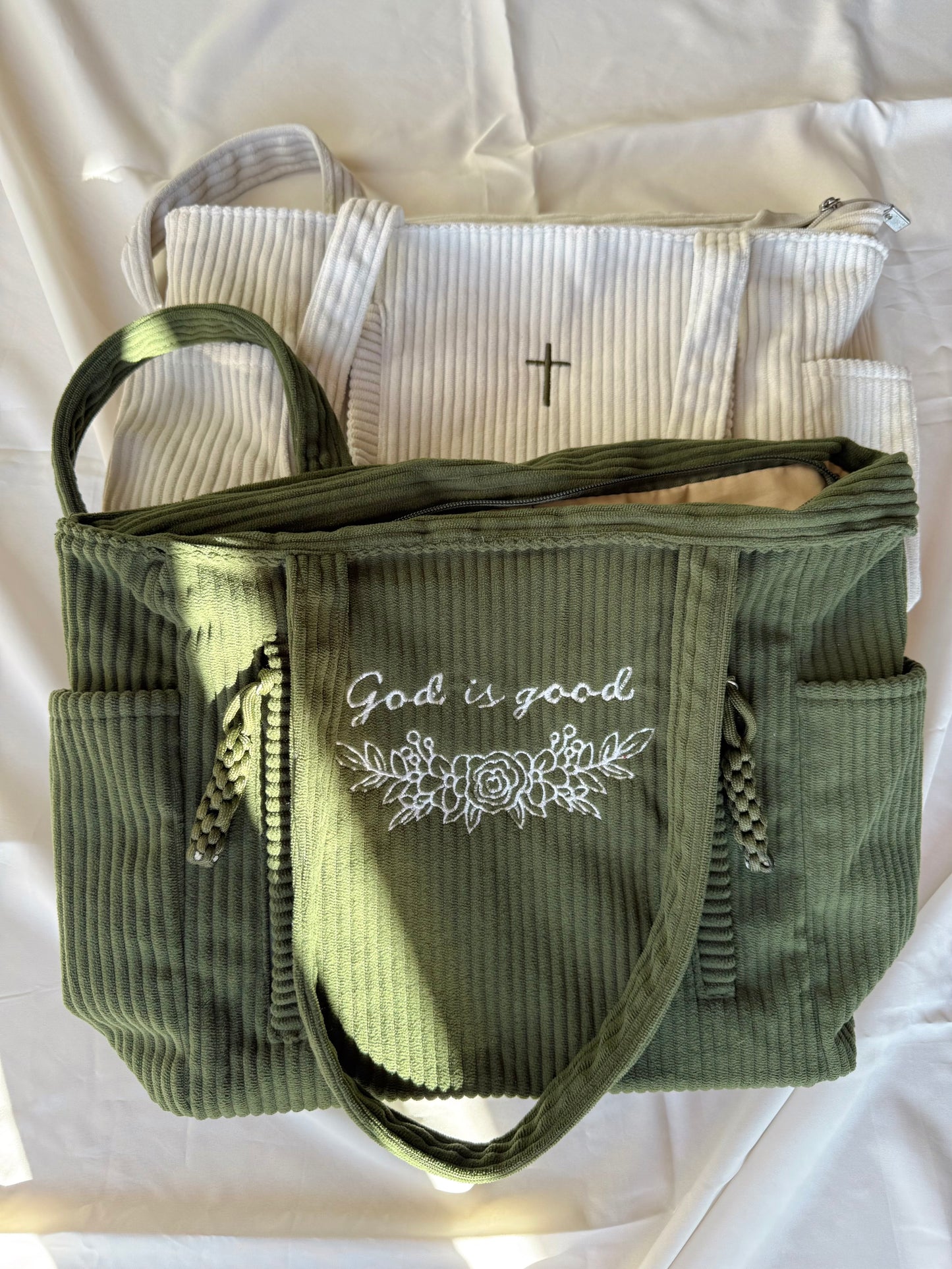 Embroidered Corduroy Shoulder Bags with Multiple Zippers