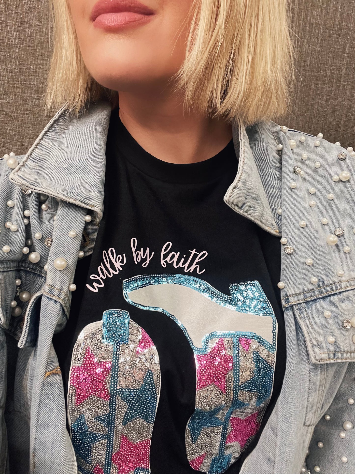 Sequin Walk By Faith Tee