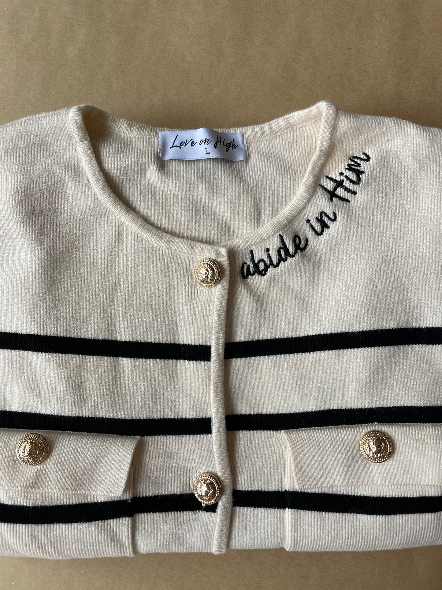 Embroidered Abide In Him Striped Cardigan