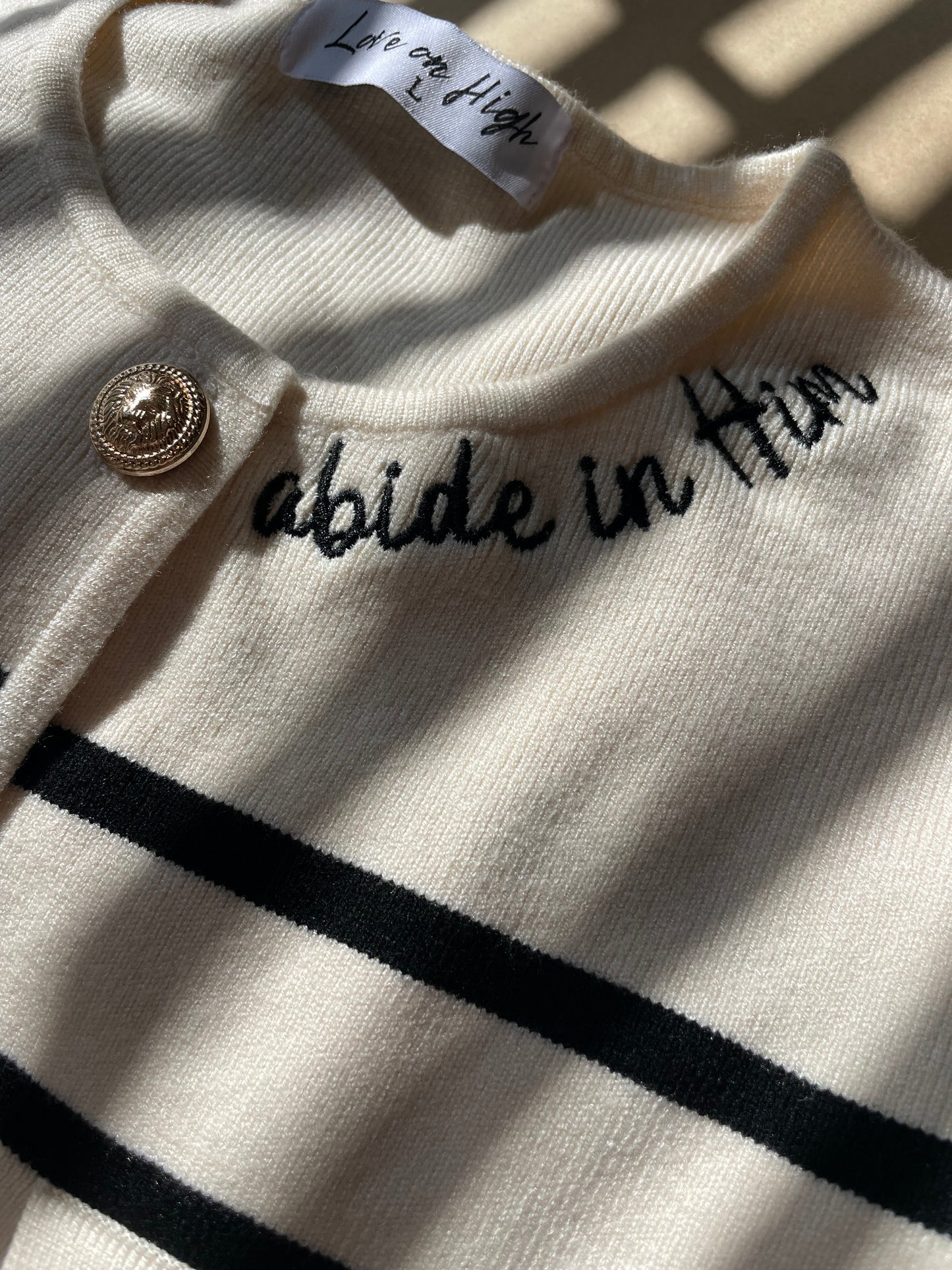 Embroidered Abide In Him Striped Cardigan