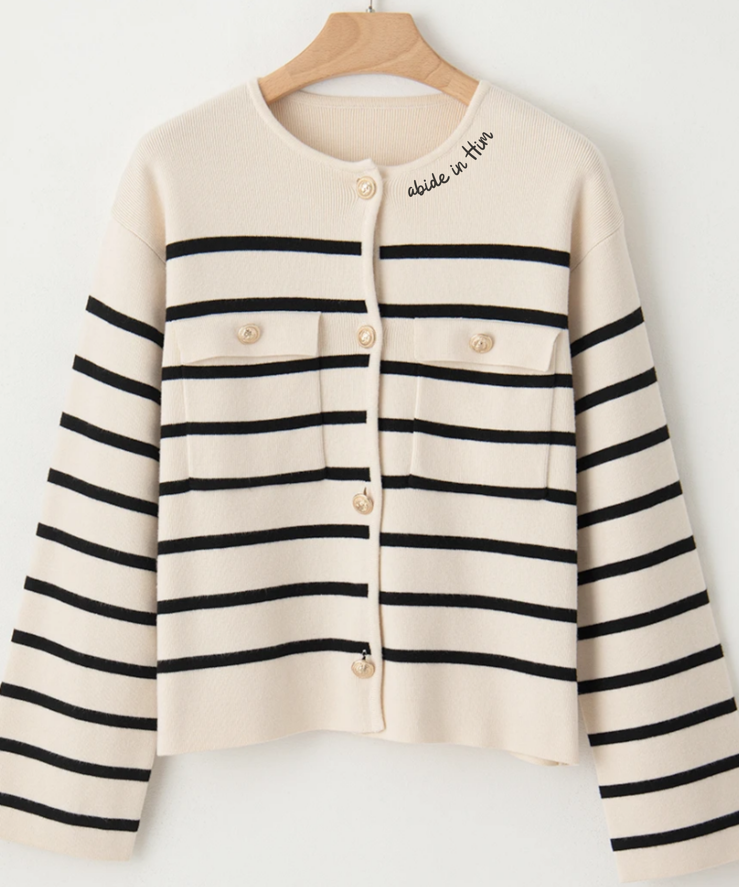 Embroidered Abide In Him Striped Cardigan